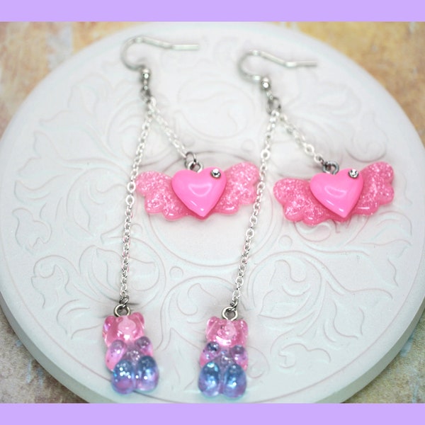 Magic Girl Japan Earrings, Winged Heart Gummy Bear Earrings, Kawaii Harajuku Fashion Earrings, Decora Kei Dangle Earrings