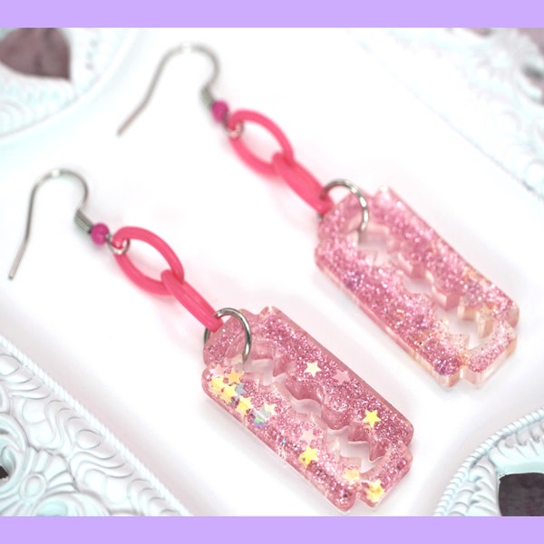 Pink Sparkly Razorblade Earrings with Acrylic Pink Chains and Pink Accented Stainless Steel Earring Hooks, YamiKawaii/Menehara Kei Fashion