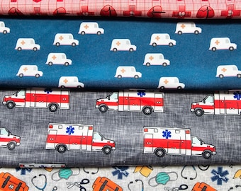 May include: Four different fabric swatches with medical themes. The top swatch is red with a white grid pattern and repeating images of hearts and crosses. The second swatch is blue with a white grid pattern and repeating images of white ambulances. The third swatch is gray with a white grid pattern and repeating images of red ambulances with blue stars. The bottom swatch is white with a gray grid pattern and repeating images of medical supplies, including stethoscopes, bandages, scissors, and a first aid kit.