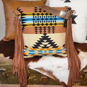 Western Wool adjustable crossbody purse with fringe image 2