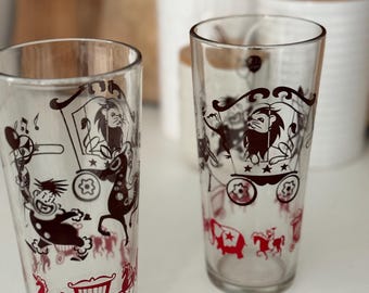 Vintage Swanky Swigs Circus Tumblers, Clown, Lion, Horse, Set of 2