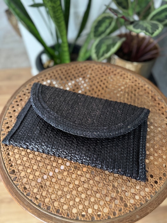 Vintage Black Woven Straw Envelope Clutch