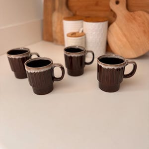 Vintage Brown Drip Glaze Japanese Stackable Mugs | Set of 4