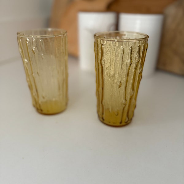 Vintage Amber Anchor Hocking Tahiti Bamboo Tumblers  - Set of 2