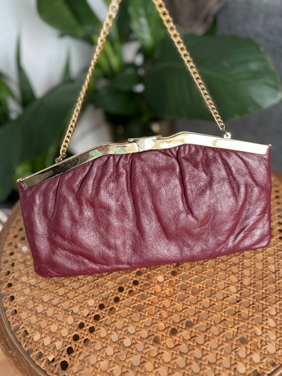 Vintage Maroon Leather Gold Hinged  Handbag - image 1