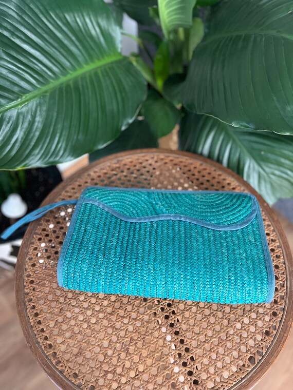 Vintage Teal Aqua Woven Straw  Clutch