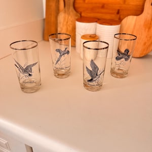 Vintage Silver Federal Glass Sportsman Game Bird Highball Tumbler | Set of 4 & Individual Glasses