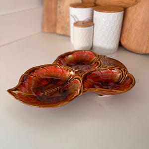 Vintage California Pottery Drip Glaze Leaf Nut Dish