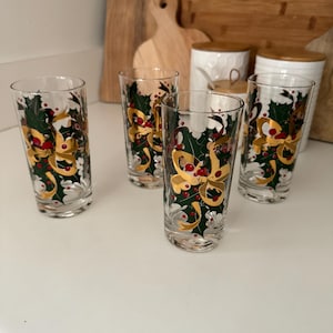 Vintage Hand Painted Irene Pasinski 22k Gold Ribbon Holly Berry Highball/Tumblers - Set of 4