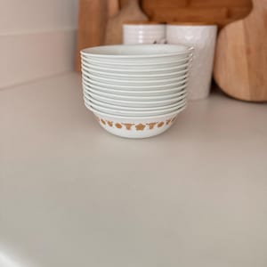 May include: A stack of white ceramic bowls with a brown floral pattern. The bowls are stacked on a white countertop.