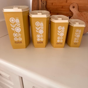 Vintage Harvest Gold Nesting Floral Lustra Ware Kitchen Container Set | Flour, Sugar, Coffee & Tea