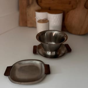 Vintage Stainless Steel Wood Handle Gravy Bowl & Small Tray - SOLD SEPARATELY