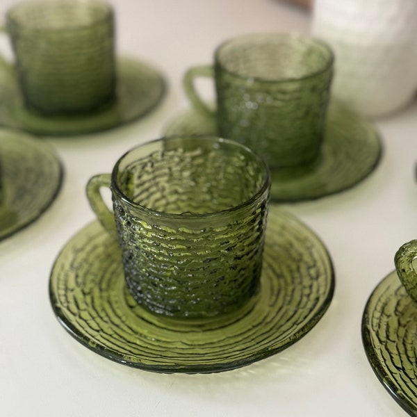 Vintage Green Anchor Hocking Soreno Glass Tea Cup & Saucer -  Set of 6