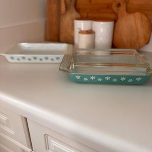 Vintage Pyrex Turquoise & White Snowflake Shallow Casserole Dishes and Lid - SOLD INDIVIDUALLY