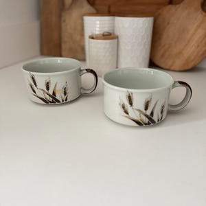 May include: Two ceramic mugs with a light green exterior and a brown wheat stalk design. The mugs have a rounded shape with a dark brown handle. The interior of the mugs is a light green color. The mugs are on a white surface.
