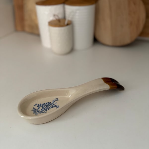 Vintage “Home Sweet Home” Brown Ceramic Spoon Rest