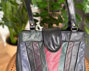 Vintage Leather Patchwork Tote Bag Colorful 80's Leather X Suede
