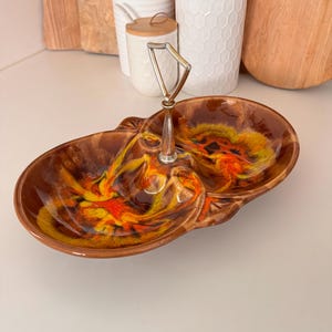 Vintage California Pottery Drip Glaze Nut Dish with Handle
