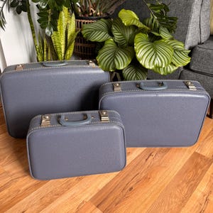Vintage Set of 3 Blue Retro Hard Case Suitcase Luggage with Robin Egg Blue Interior
