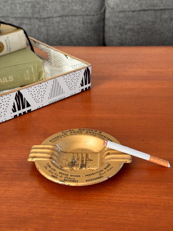 Vintage Gold Tin Metal Art Deco Carl Geiger’s Roselle Esso Service Center  Advertising Ashtray/Catchall