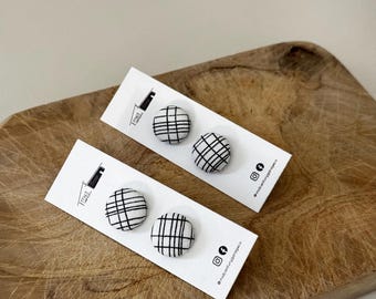 Vintage Black & White Stripe Repop Handcrafted Fabric Button Stud Earrings