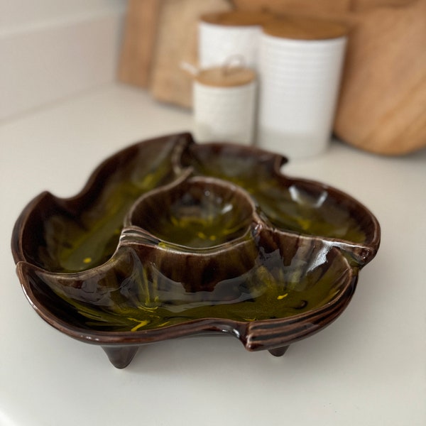 Vintage California Pottery Green/Brown Drip Glaze Chip & Dip Bowl