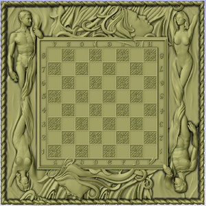 May include: A decorative chessboard with a detailed, ornate design. The board is surrounded by a frame with figures of people in flowing robes. The board is labeled with letters A through H and numbers 1 through 8.
