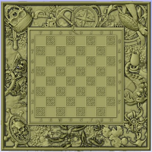 May include: A green and brown chessboard with a nautical theme. The board is surrounded by a frame with images of anchors, skulls, compasses, and other nautical objects.