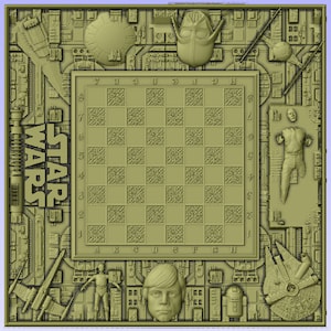 Op de afbeelding: Een groen en bruin schaakbord met een Star Wars-thema. Het bord is versierd met afbeeldingen van personages en objecten uit het Star Wars-universum, waaronder Darth Vader, Luke Skywalker, R2-D2 en de Millennium Falcon.