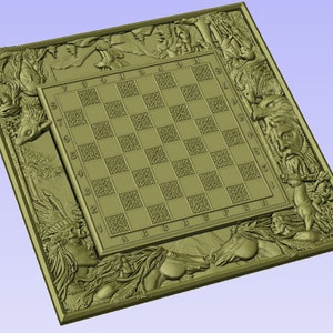 May include: A green wooden chessboard with a carved design of mythical creatures and animals around the perimeter. The board has a standard 8x8 grid with numbers 1-8 and letters A-H.