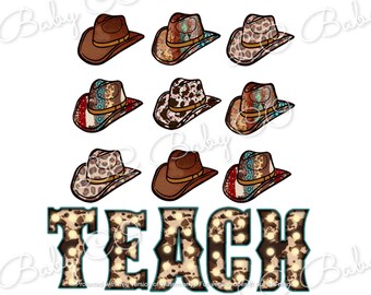 May include: A digital design featuring the word "TEACH" in a brown and white patterned font with light bulbs. The design is surrounded by nine brown cowboy hats with different patterned designs.