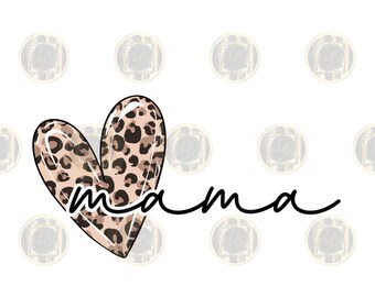 Op de afbeelding: Een digitale afbeelding met een hartvormig ontwerp met een luipaardprintpatroon in bruin- en beigetinten. Het woord "mama" is geschreven in een zwart scriptlettertype, wat een persoonlijk tintje aan het ontwerp geeft.
