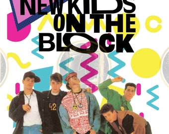 May include: A group of five men in 1980s clothing pose for a photo. The men are wearing jeans, t-shirts, and jackets. The background is a white and colorful geometric pattern. The text "NEW KIDS ON THE BLOCK" is in black letters on a white background.