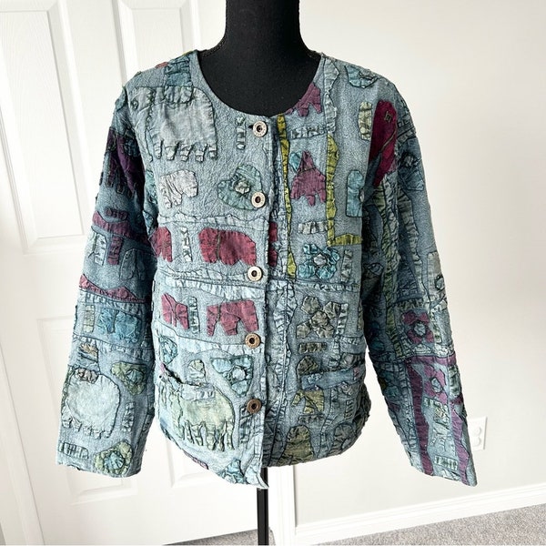 Veste vintage Sacred Threads, éléphants, couture main en patchwork