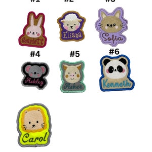 May include: Seven colourful iron-on patches with embroidered animal faces and names. The patches include a bunny, sheep, cat, koala, pig, panda, and lion.
