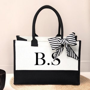 Personalized Monogram Cotton Canvas, Beach Tote Bag, Initial Tote, Tote Bag for Bridesmaid, A-Z-Black, Wedding Day, Personalized Tote Bag