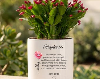Personalized Birth Flower Plant Pot, 60th Birthday Gift For Women, Custom Name Chapter 60 Planter