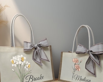 Birth Flower Tote Bag for Woman, Personalized Canvas Tote Bag for Her, Bachelorette Bridesmaid Gifts, Custom Birth Month Flower Gift for Her