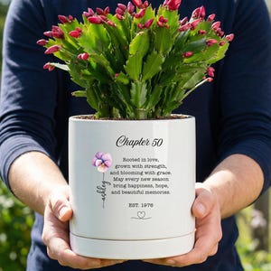 May include: A white ceramic planter containing a vibrant green Christmas cactus with pink buds. The planter features the text "Chapter 50," a pansy illustration, the name "Ashley," a sentimental quote, "EST. 1976," and a small heart line drawing.