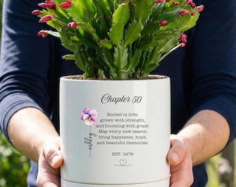 Personalized Birthday Gift for Women, Custom Birth Flower Planter, Chapter Birthday Plant Pot, Any Age 30th 40th 50th 60th 70th