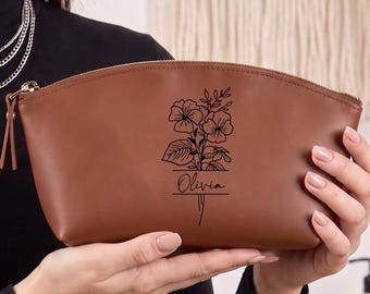 Personalized Leather Cosmetic Bag, Custom Makeup Bag, Bridesmaid Gifts Proposal, Personalized  Leather Cosmetic Pouch, Luxury Gift