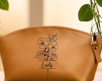 Leather Travel Makeup Bag, Custom Toiletry Bag for Women, Monogrammed Leather Makeup Pouch, Personalized Leather Cosmetic Bag, Gifts for Mom