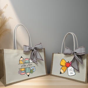 Personalized teacher canvas Tote bag,Teacher Tote bag gift,Teacher Coquette bow bag,Teacher name gift bag,Teacher Appreciation Gift Bag