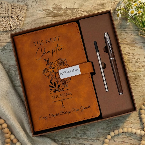 The Next Chapter Journal, Custom Engraved Leather Notebook Set with Pen, Personalized Gift for Boss Leaving New Job Gift, Retirement Gift