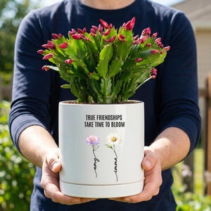 May include: A white cylindrical ceramic planter containing a green Christmas cactus with red buds. The planter features the black text "TRUE FRIENDSHIPS TAKE TIME TO BLOOM" above two floral illustrations with the names "amy" and "emma" written below.