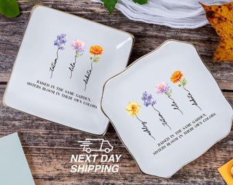 Sisters are Different Flowers from the Same Garden, Personalize Ring Dish for Sister, Besties Flower Ring Holder, Friendship Jewelry Dish
