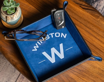 Initial Engraved Leather Valet Tray, Personalized Catchall Gift for Men