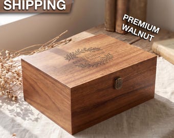 Engraved Wooden Keepsake Box, Personalized Wedding Memory Box, Custom Photo Storage Box, Walnut Gift Box, Anniversary Gift for Couples