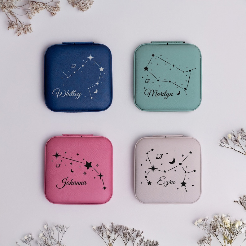 Zodiac Sign Jewelry Box, Star Sign, Travel Jewelry Box, Custom Jewelry Box, Birthday Gift for Women, Zodiac Sign Gift, Engraved Jewelry Case