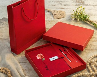 Personalized Floral Leather Notebook Set, Custom Name Journal with Pen, Birth Flower Gift, All Occasion Stationery Gift Box